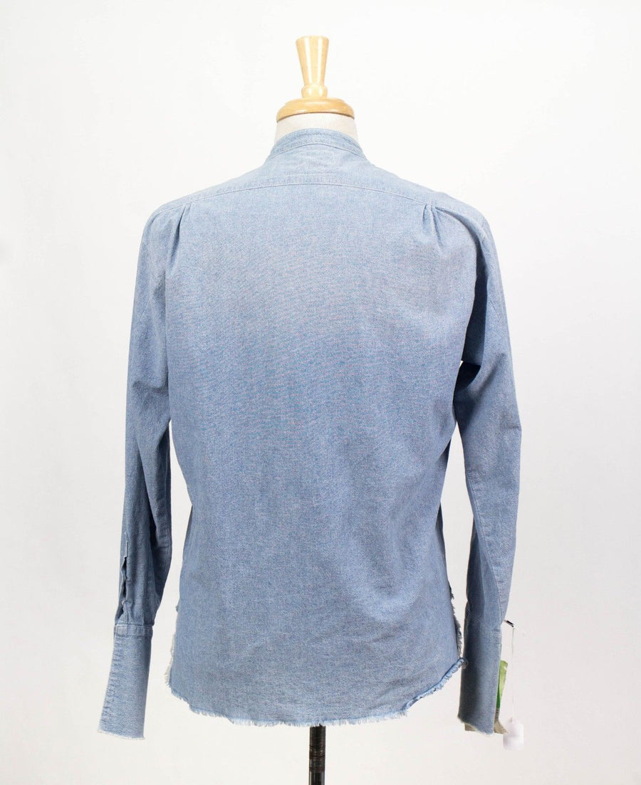 Cotton Bib-Front Distressed Button Down Casual Shirt - Blue