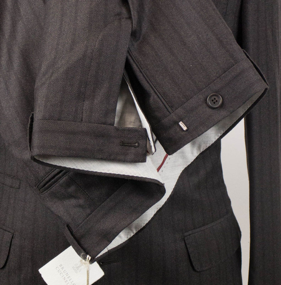 Dark Striped Wool 3/2 Button Suit - Brown