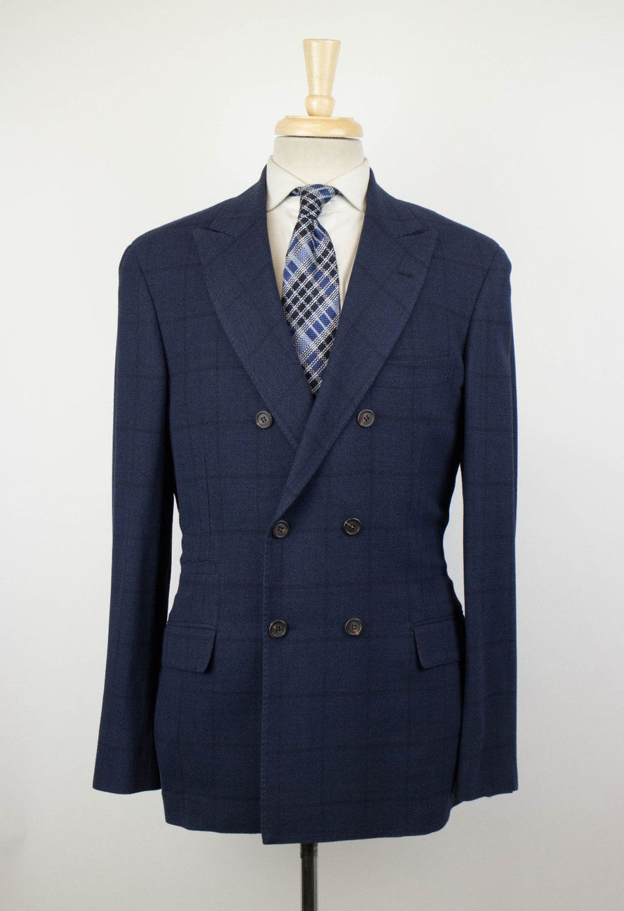 Wool Blend Windowpane Check Double Breasted Sport Coat - Blue