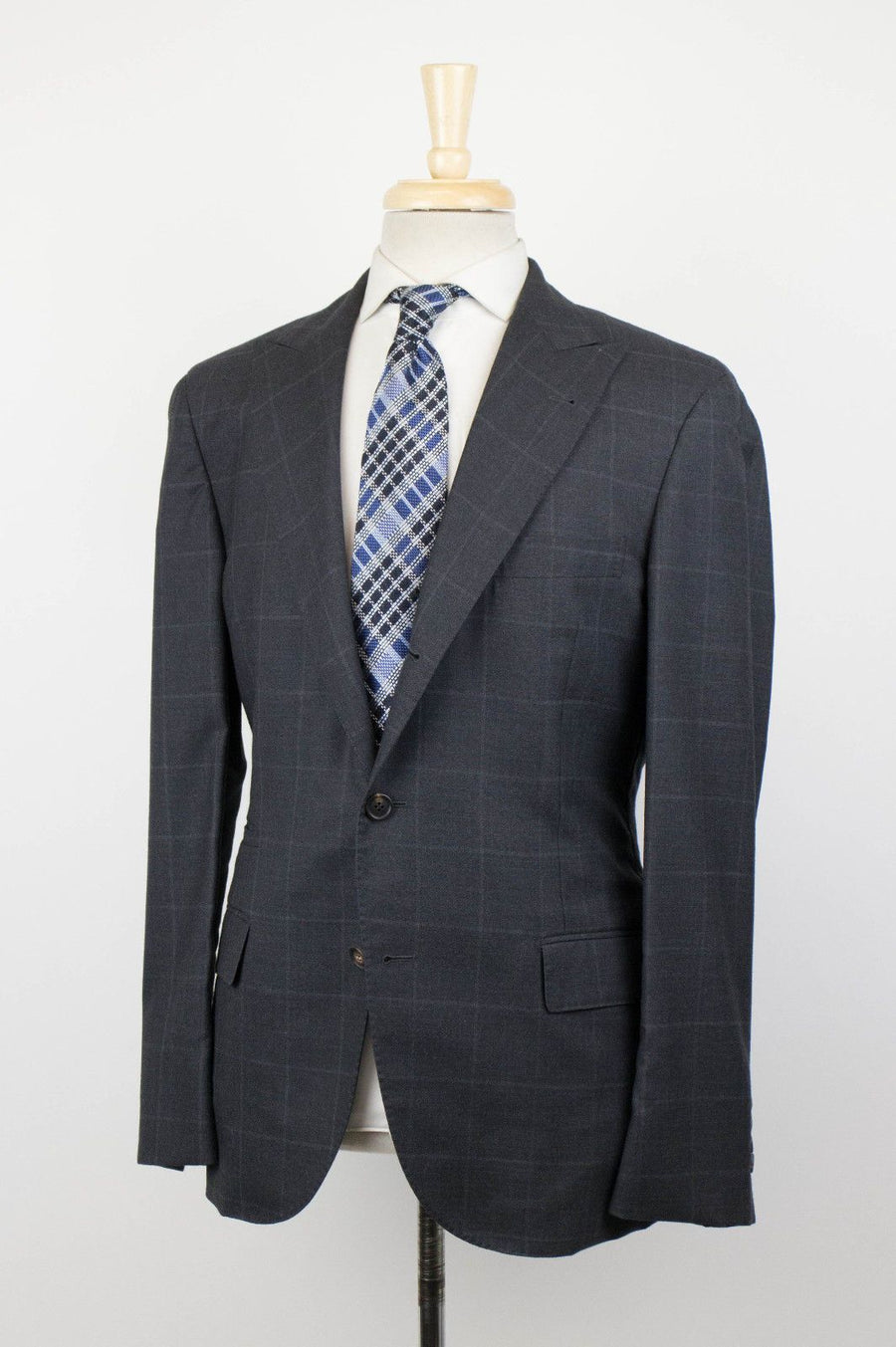 Wool Blend Windowpane Check 3 Roll 2 Button Sport Coat - Gray