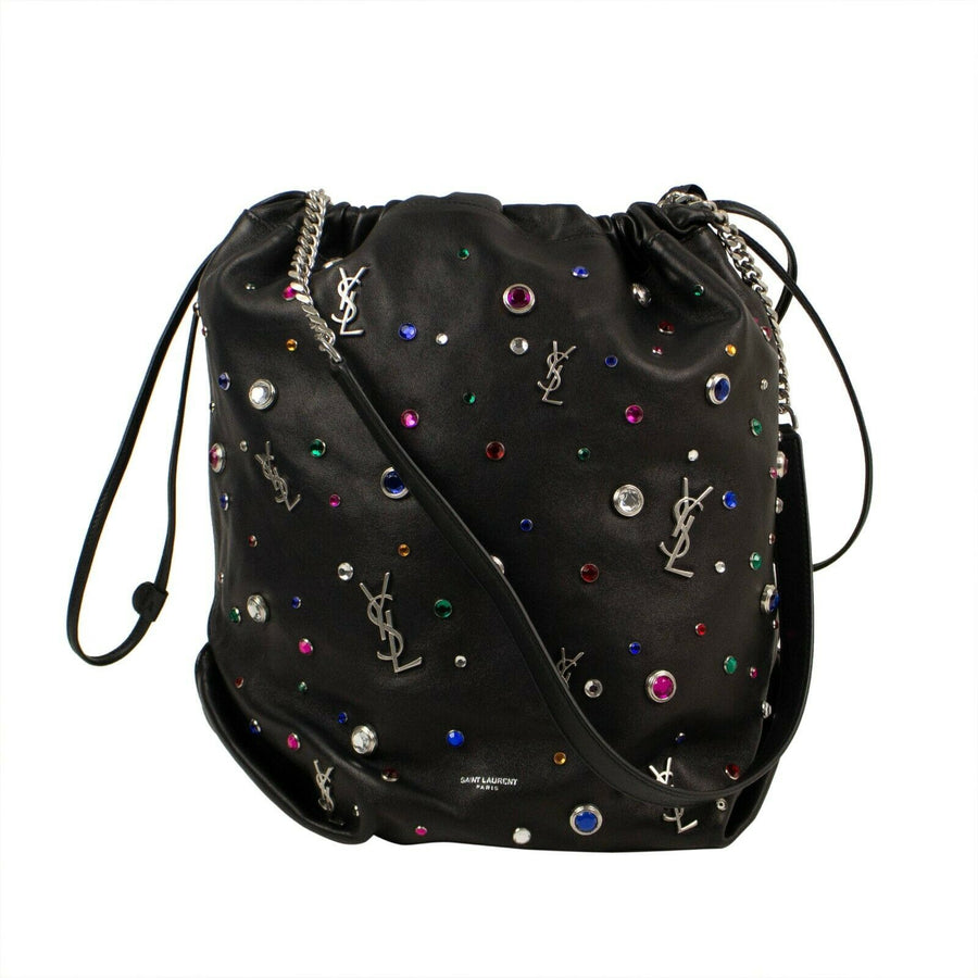 Leather Gem Stud Embellished Bucket Handbag - Black