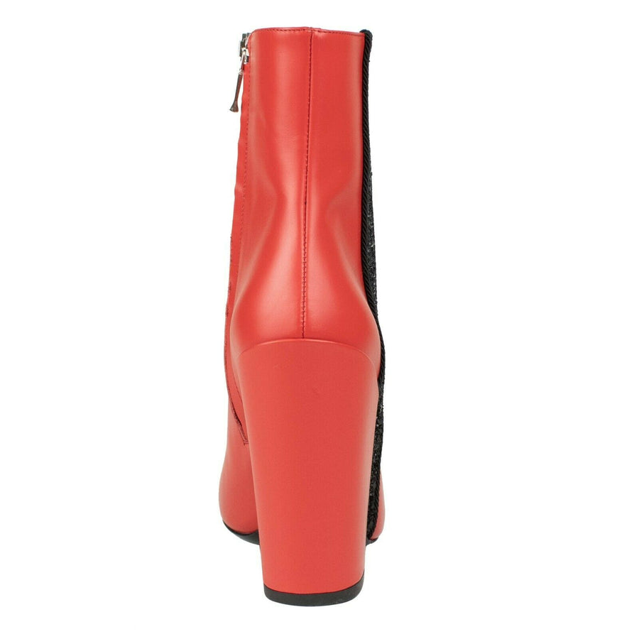 Leather Glitter Stripe Short Boots - Red