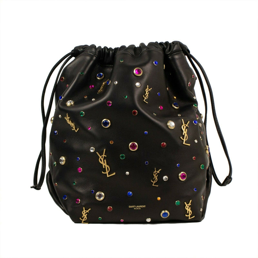 Leather Gem Stud Embellished Teddy Bucket Handbag - Black