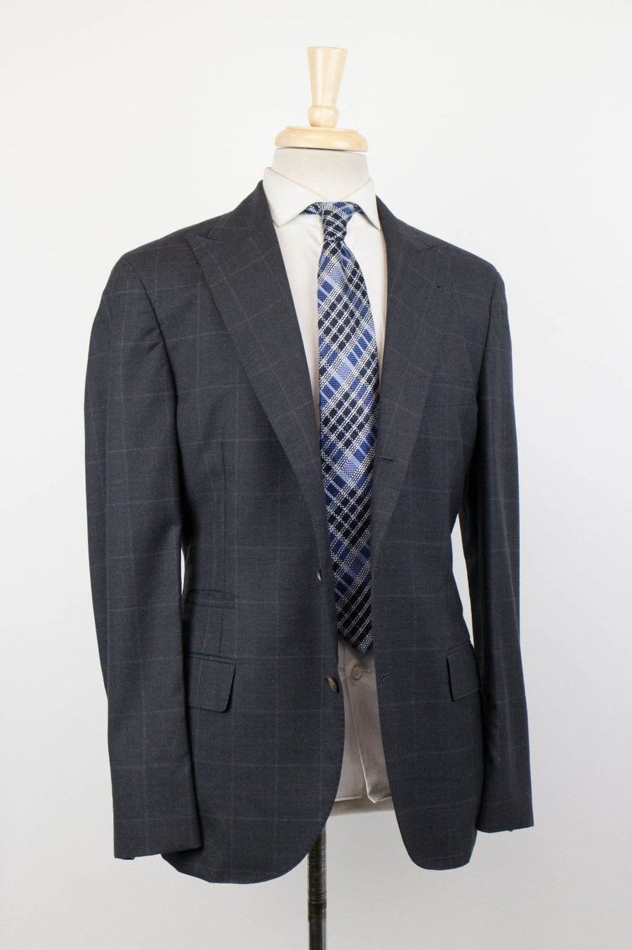 Wool Blend Windowpane Check 3 Roll 2 Button Sport Coat - Gray