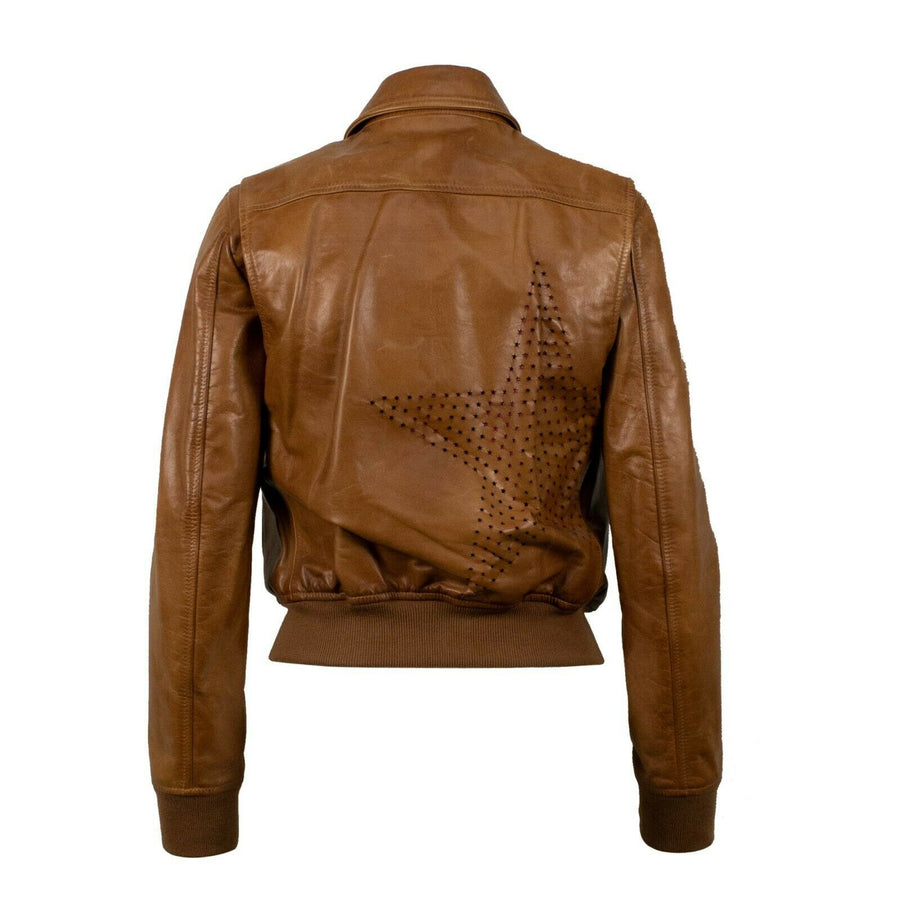 Leather With Star Design Bomber Jacket - Brown