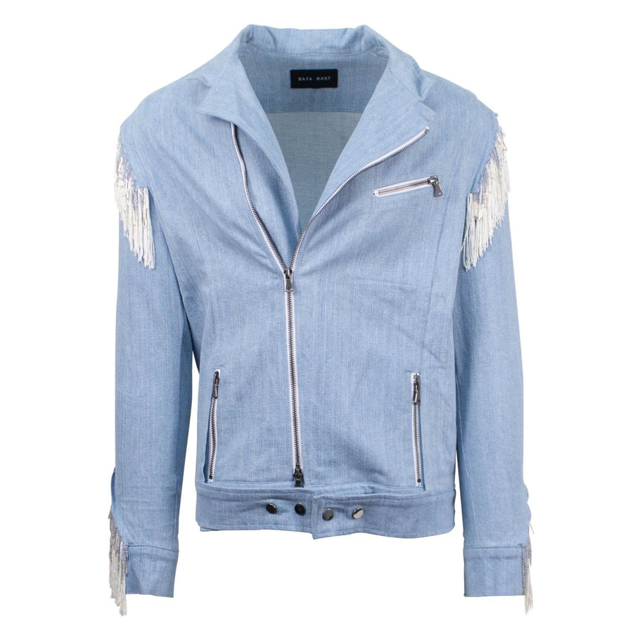 Fringe Denim Biker Jacket - Cove Blue