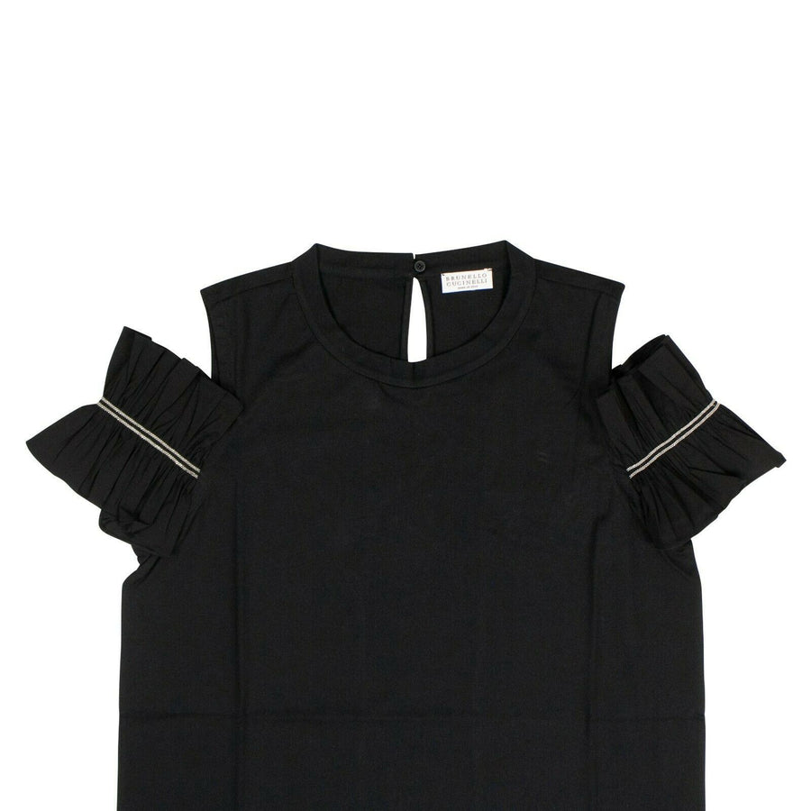 Crewneck Cold Shoulder Ruffle Sleeve T-Shirt Top - Black