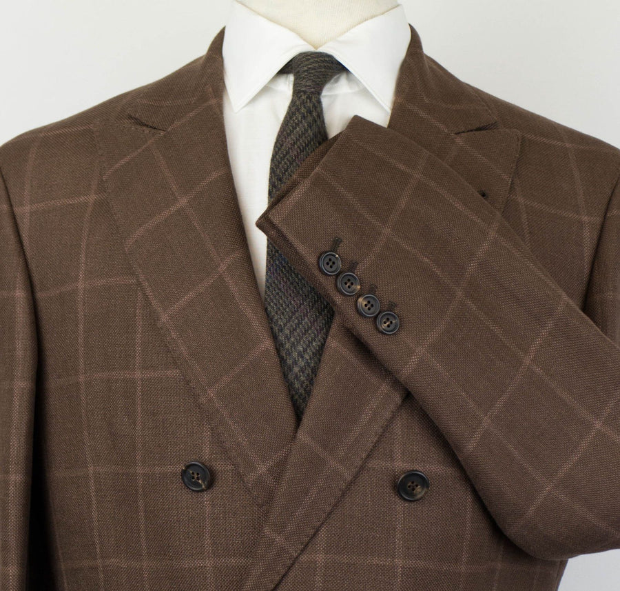 Windowpane Wool Blend Double Breasted Suit - Brown