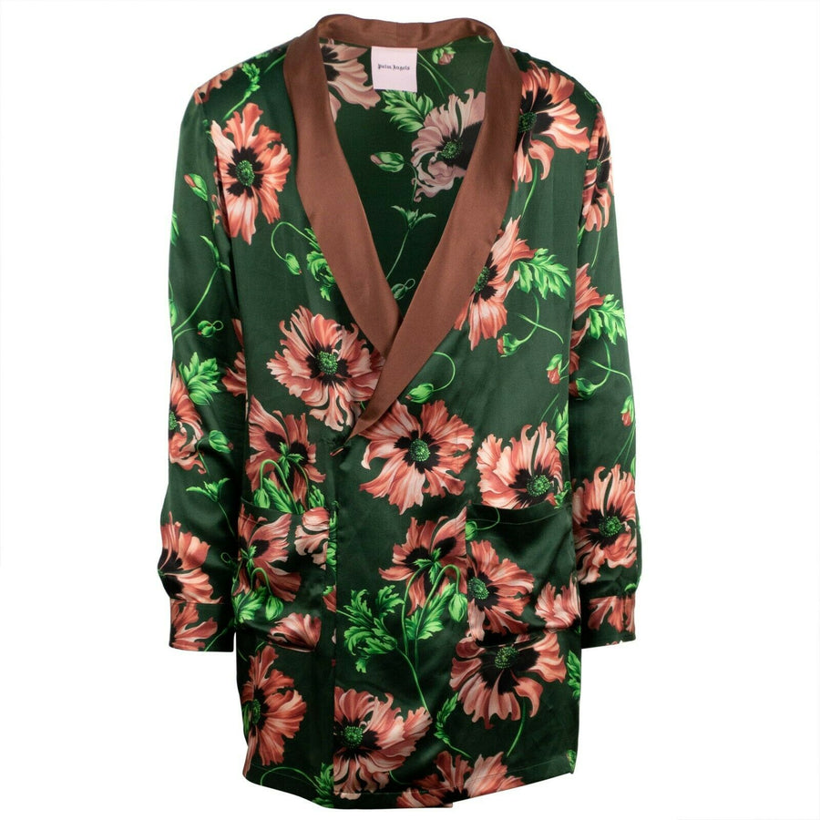 Silk Floral Print Long Blazer - Green