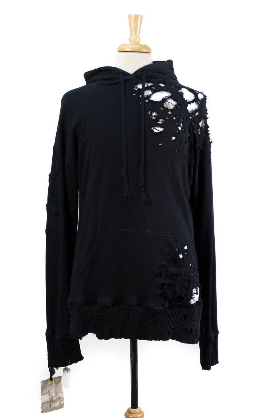 Cotton Destroyed Pullover Hoodie - Black