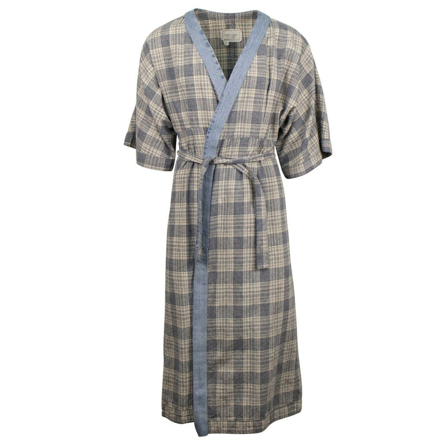 Plaid And VIntage Denim Kimono Robe - Ivory / Blue