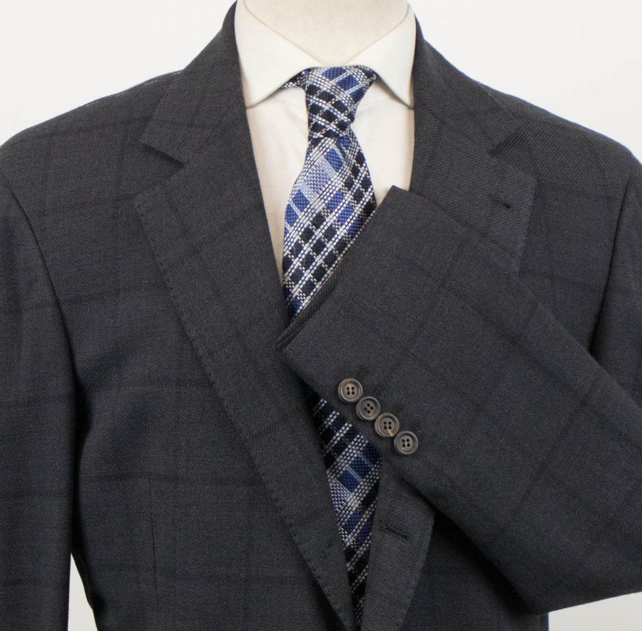 Wool Blend Windowpane Check 3/2 Button Sport Coat - Gray
