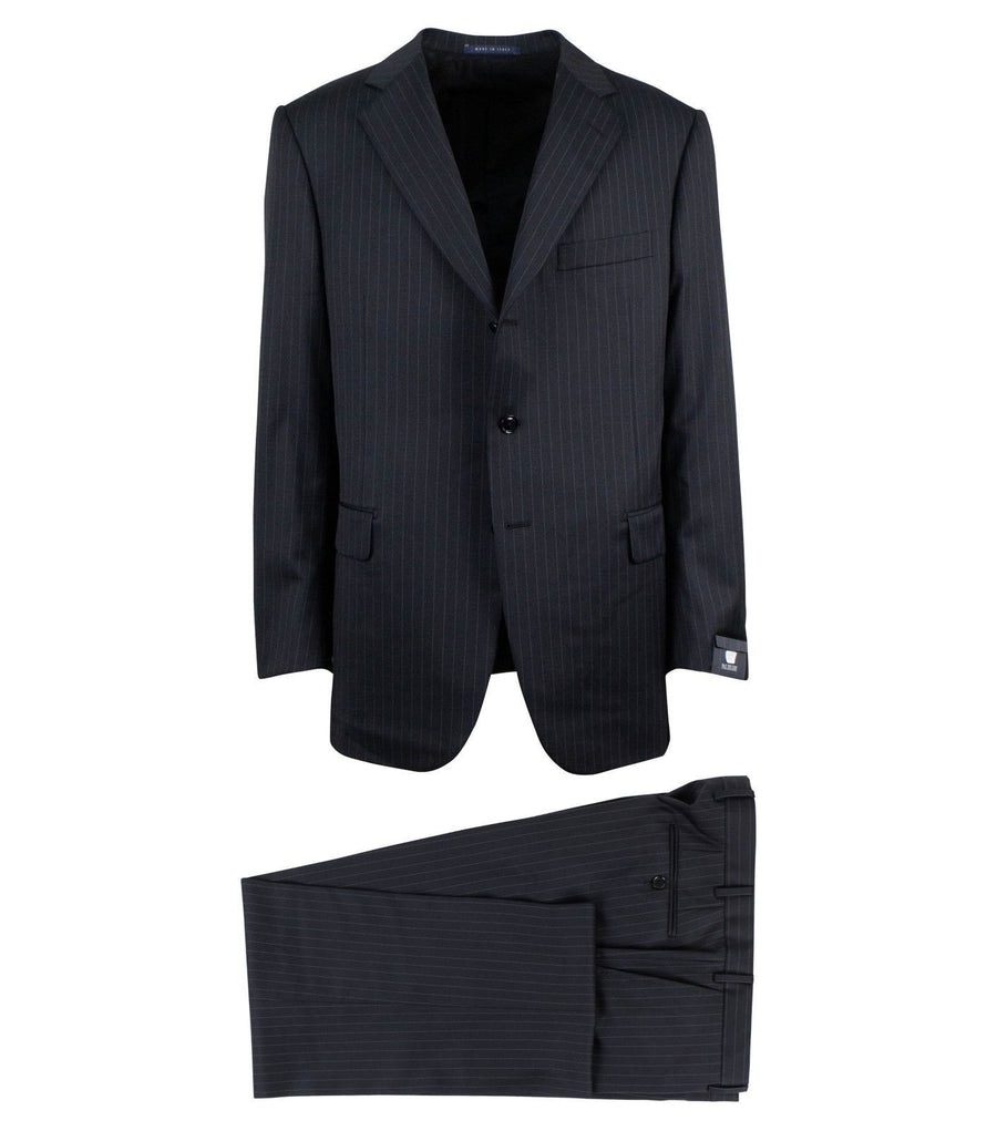 Pin Striped Wool Three Button Suit - Black