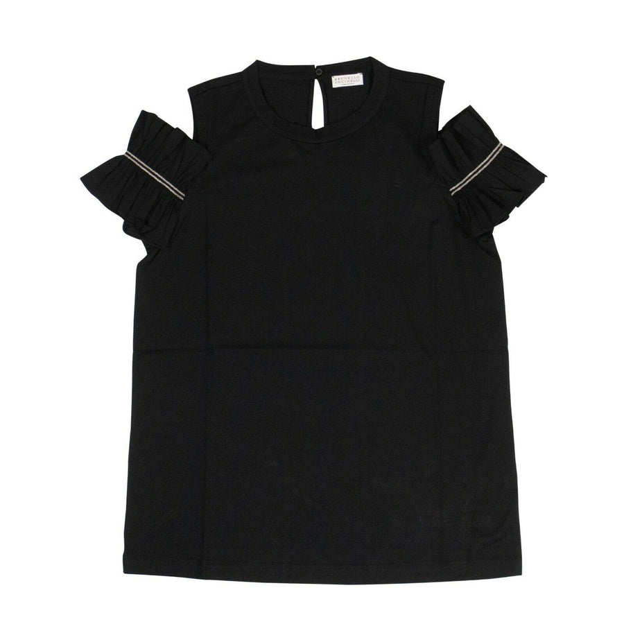 Crewneck Cold Shoulder Ruffle Sleeve T-Shirt Top - Black