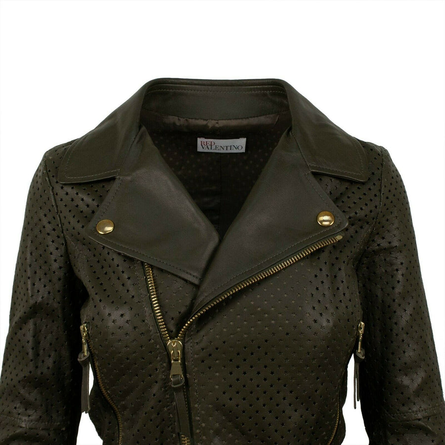 Leather Star Design Biker Jacket - Hunter Green