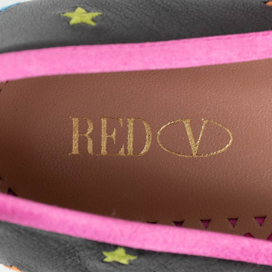 Leather Star Ankle Strap Flats - Black / Pink