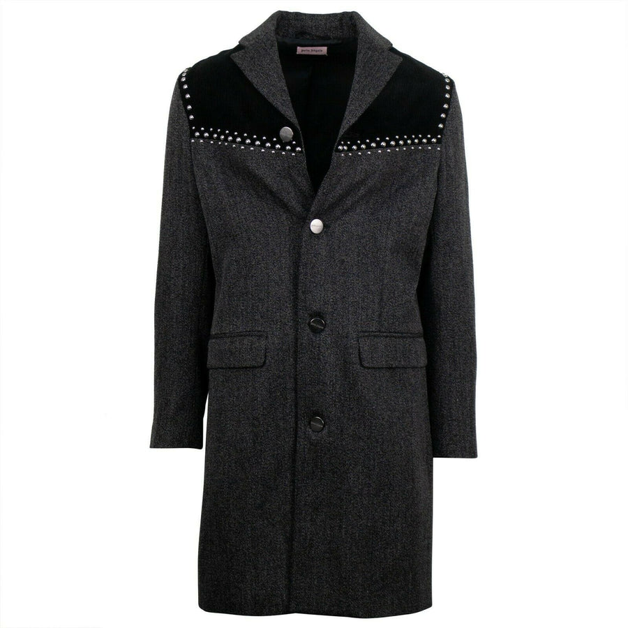 V Cut Studded Melange Long Coat - Gray