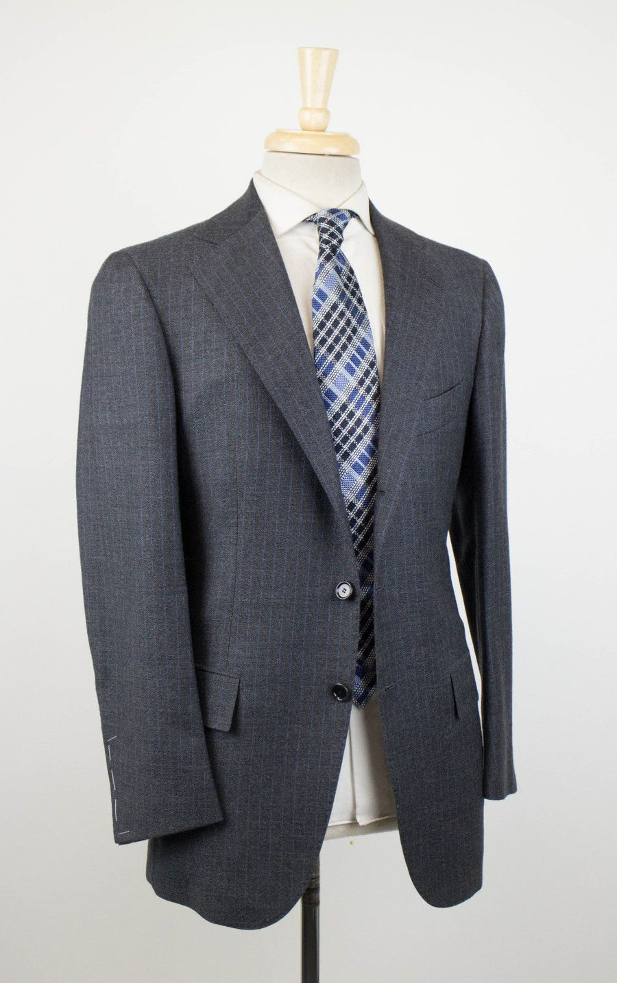 Drop 7 Pin Striped Wool 3/2 Button Suit - Gray / Blue