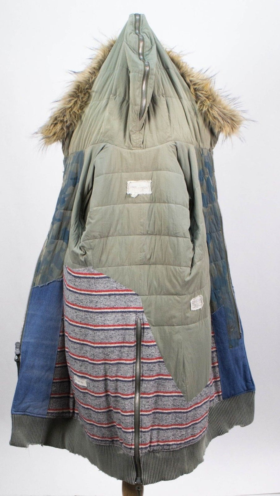 Camo Nylon Vintage Denim Puffy Hooded Parka Coat - Blue / Green