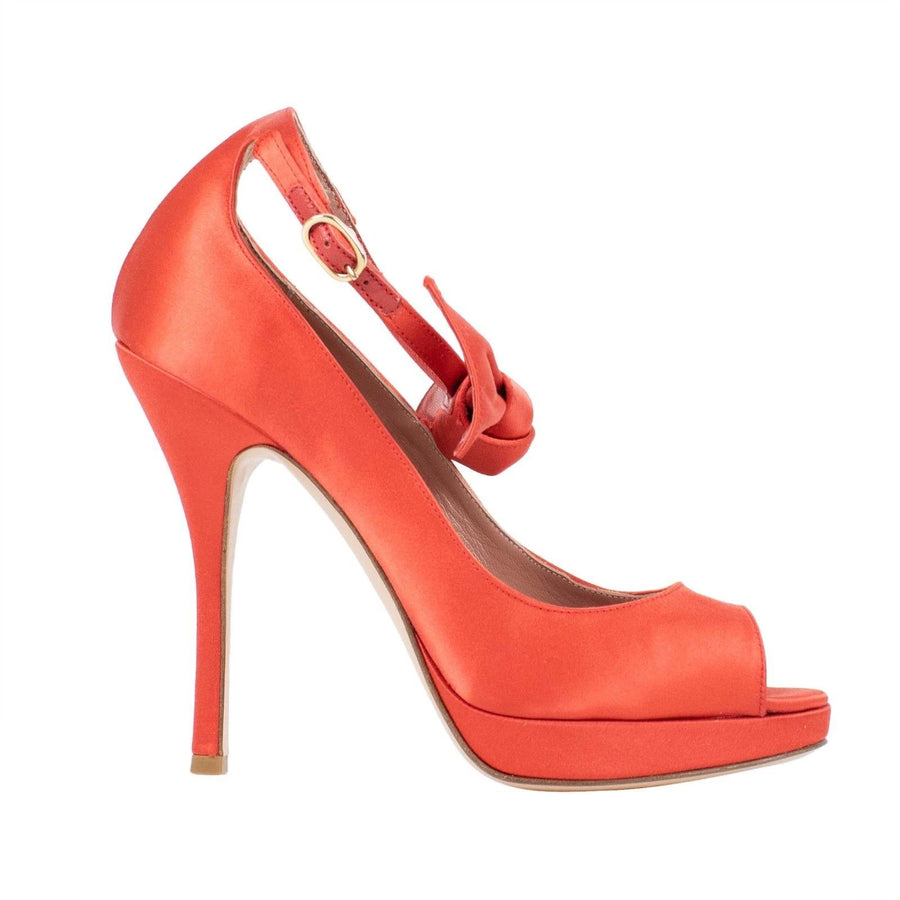 Satin Peep Toe Ankle Strap Bow Pumps - Orange