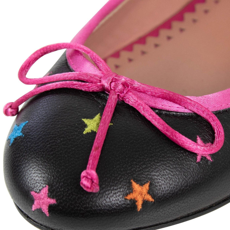 Leather Star Ankle Strap Flats - Black / Pink