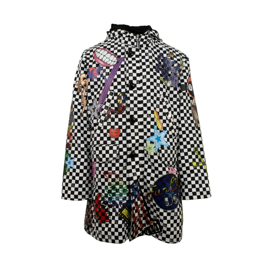 Checkered Sticker Design Parka Coat - Black / White