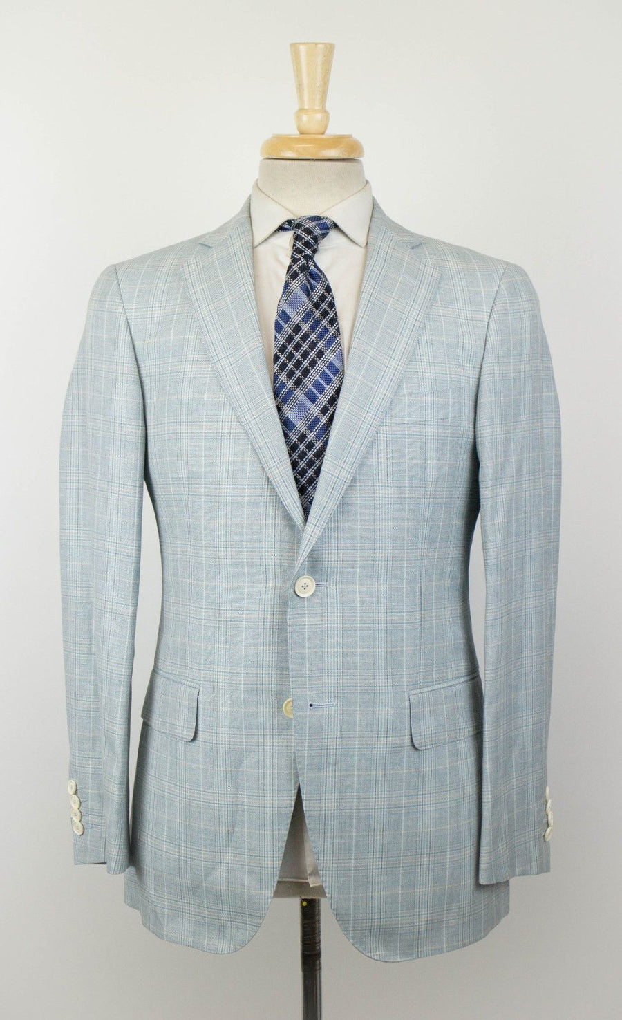 Plaid Wool Blend 2 Button Sport Coat - Light Blue