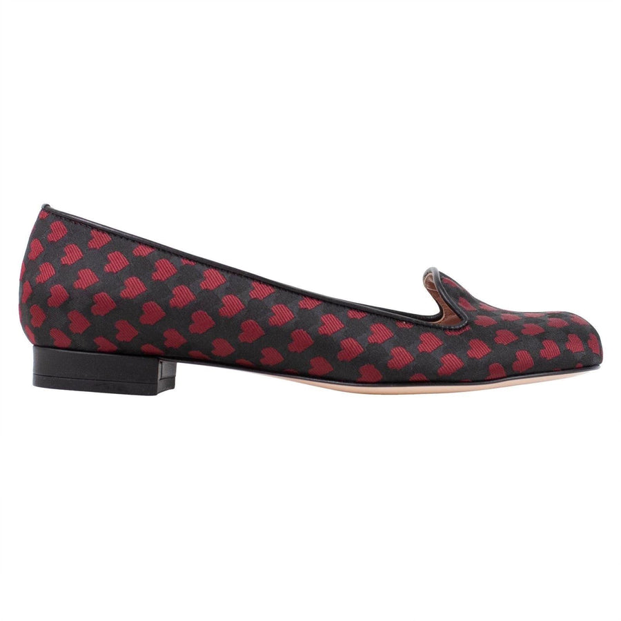 Fabric Printed Hearts Loafer Flats - Red / Black