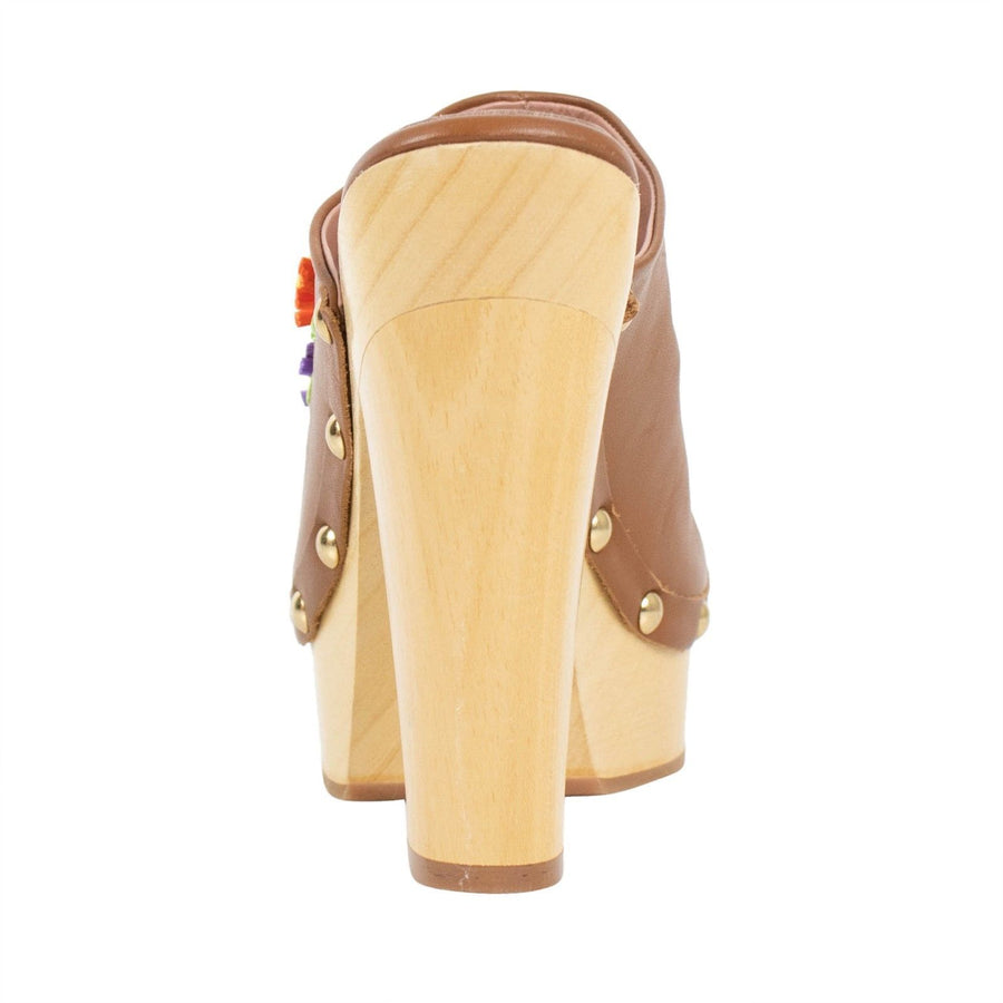 Leather & Wood Floral Clog Pumps - Brown