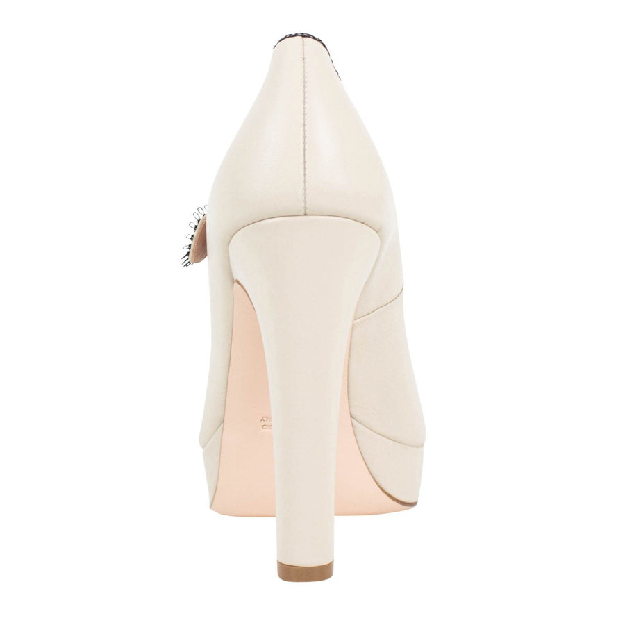 Leather Mary Jane Bow Peep Toe Pumps - Ivory