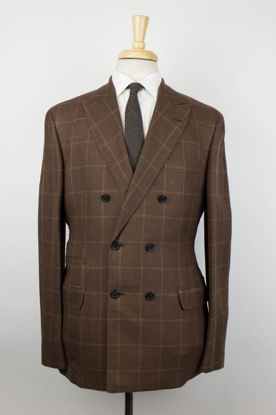 Windowpane Check Wool Blend Double Breasted Suit - Brown