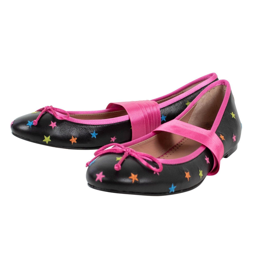 Leather Star Ankle Strap Flats - Black / Pink