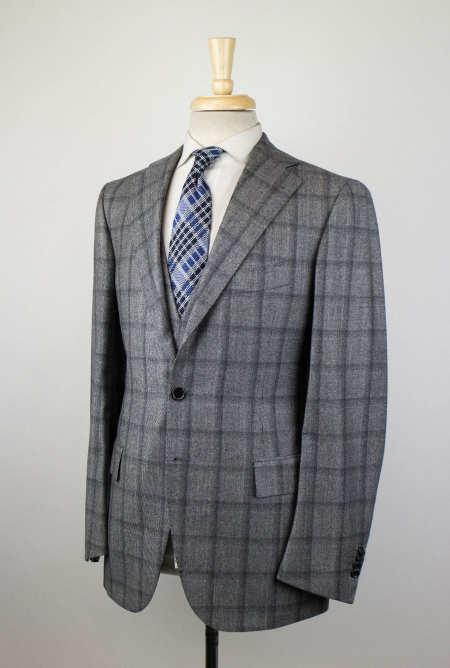 Drop 7 Windowpane Check Wool 3/2 Button 3 Piece Suit - Gray