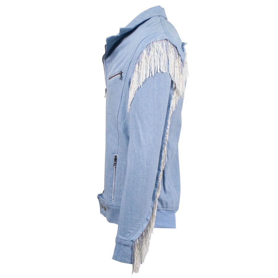 Fringe Denim Biker Jacket - Cove Blue