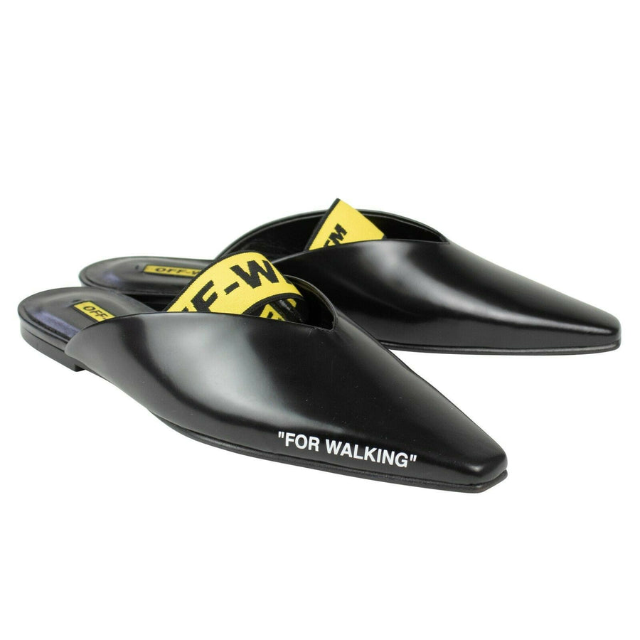 Leather Scarf Logo Ribbon Mules - Black