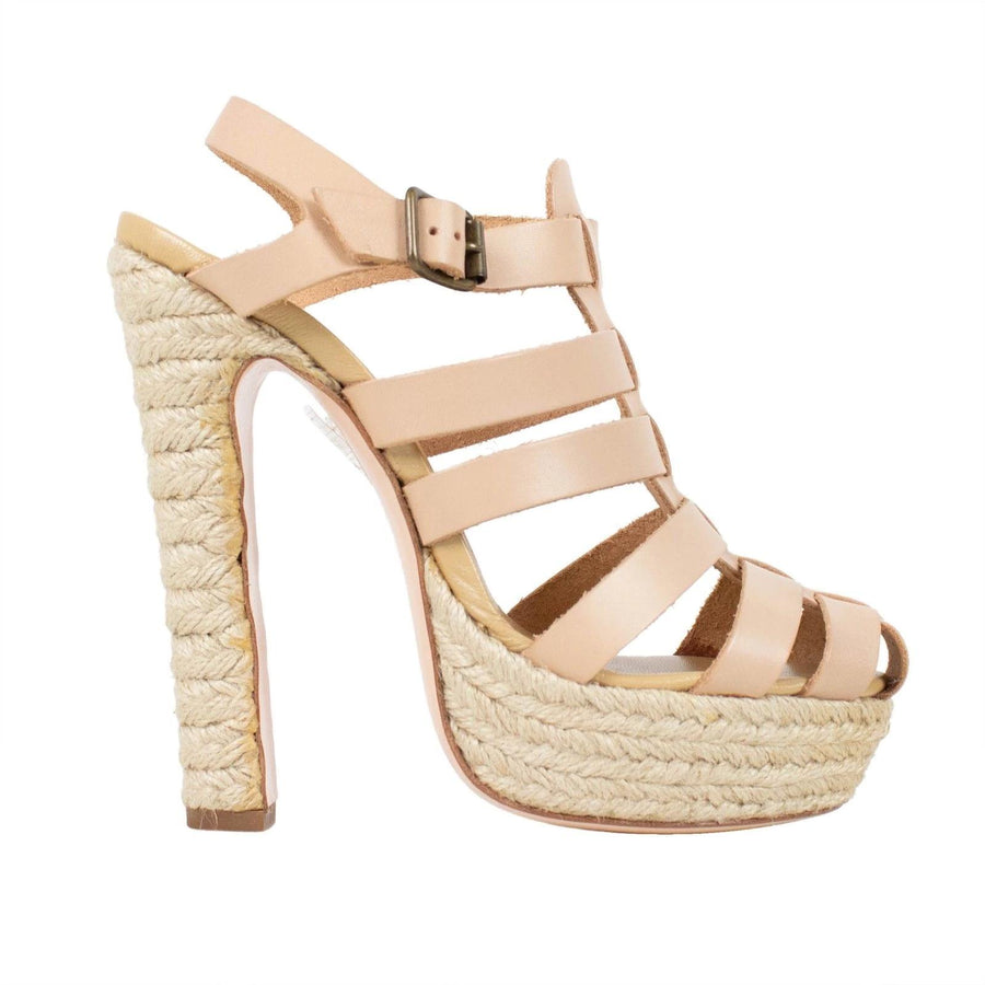 Leather & Raffia Strappy Pumps - Nude