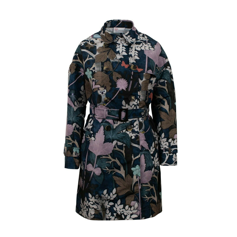 Floral And Owl Print Trench Coat - Navy