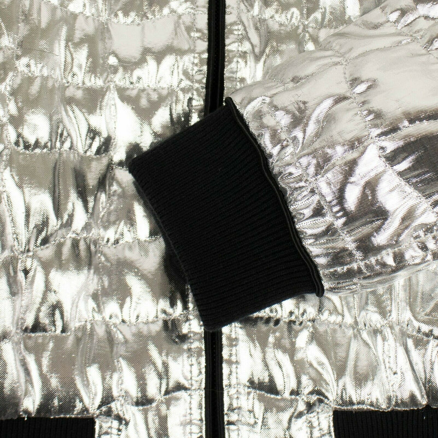 Polyester Zip Up Varsity Bomber Jacket - Metallic Silver