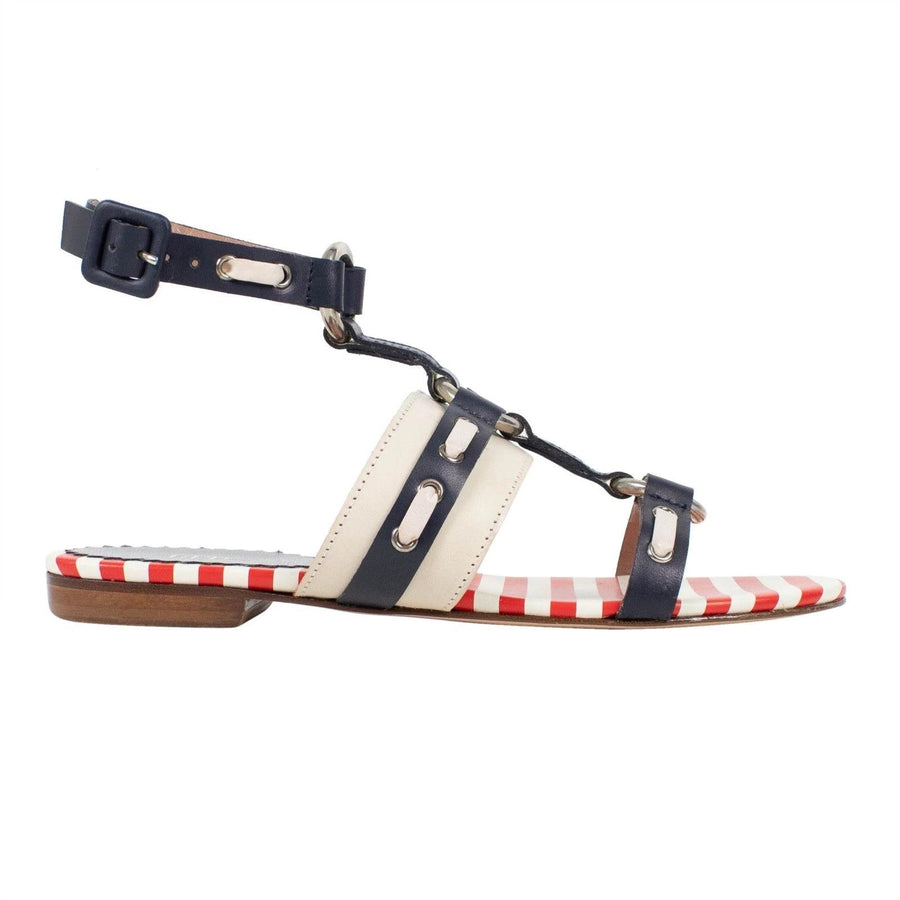 Leather Striped Ankle Strap Sandal - Navy / Red / White