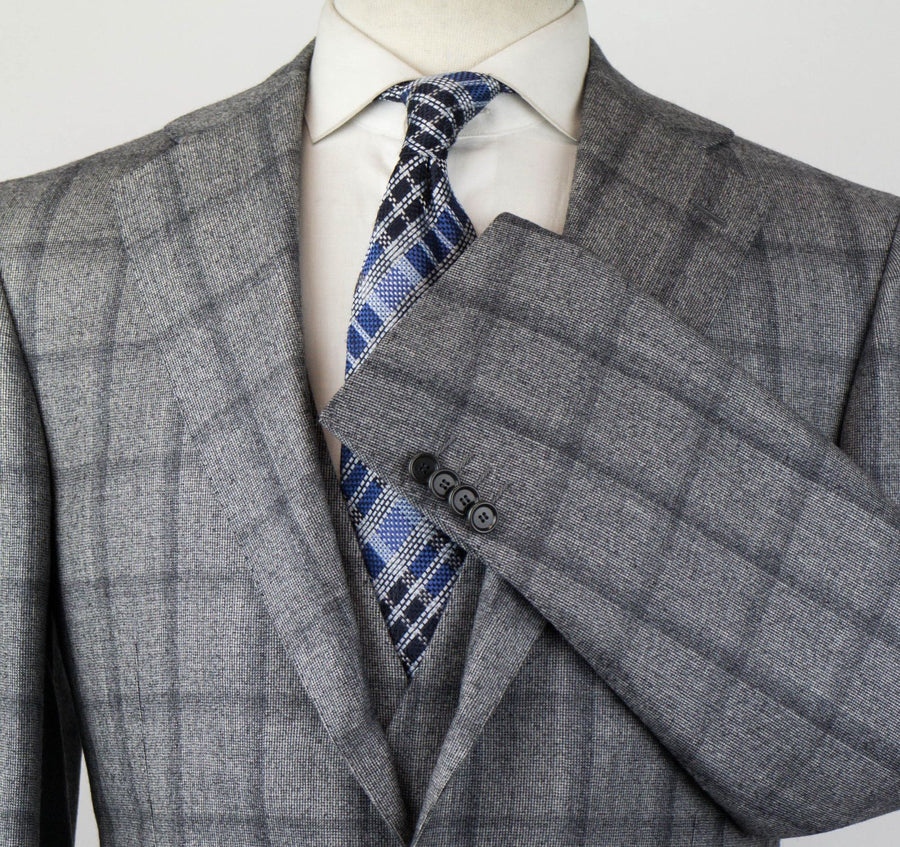 Drop 7 Windowpane Check Wool 3/2 Button 3 Piece Suit - Gray
