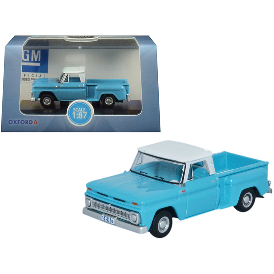 1965 Chevrolet C10 Stepside Pickup Truck Light Blue With White Top 1/87 (ho) Scale Diecast Model Car By Oxford Diecast 87cp65001