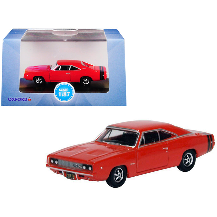 1968 Dodge Charger Bright Red With Black Stripes 1/87 (ho) Scale Diecast Model Car By Oxford Diecast 87dc68001