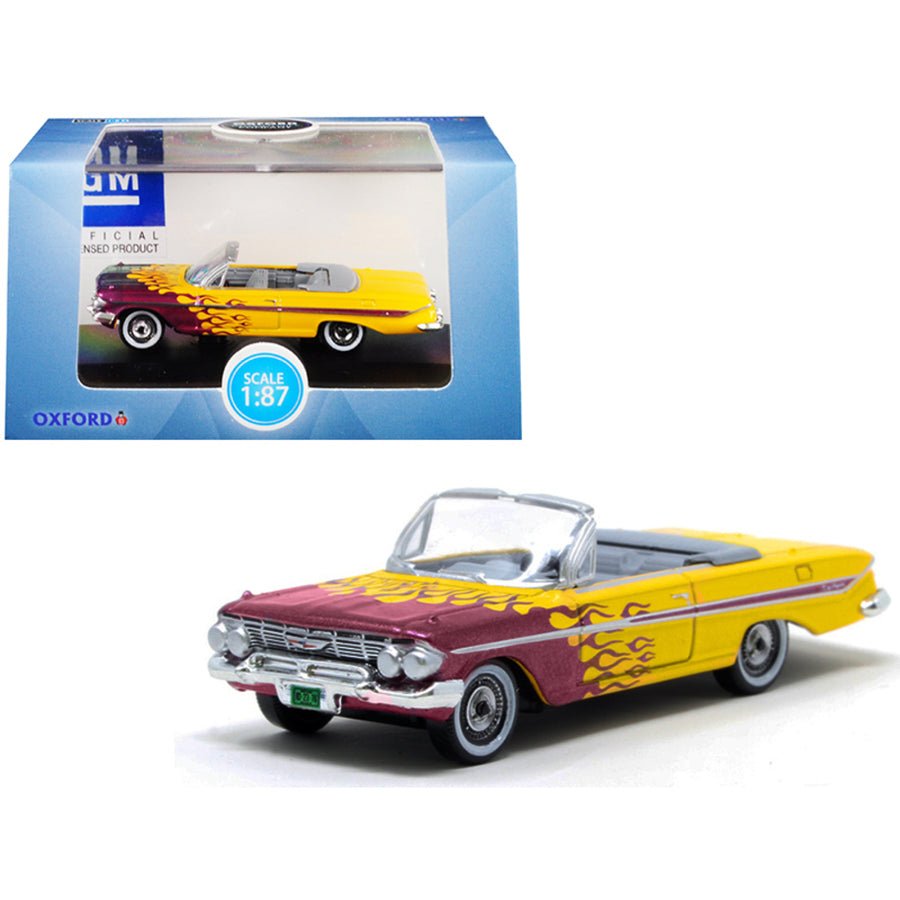 1961 Chevrolet Impala Convertible Yellow With Purple Flames Hot Rod 1/87 (ho) Scale Diecast Model Car By Oxford Diecast 87ci61004