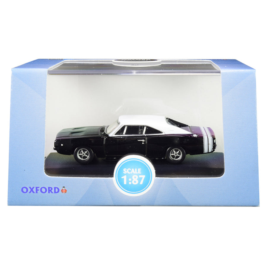 1968 Dodge Charger Black With White Top And White Stripes 1/87 (ho) Scale Diecast Model Car By Oxford Diecast 87dc68003