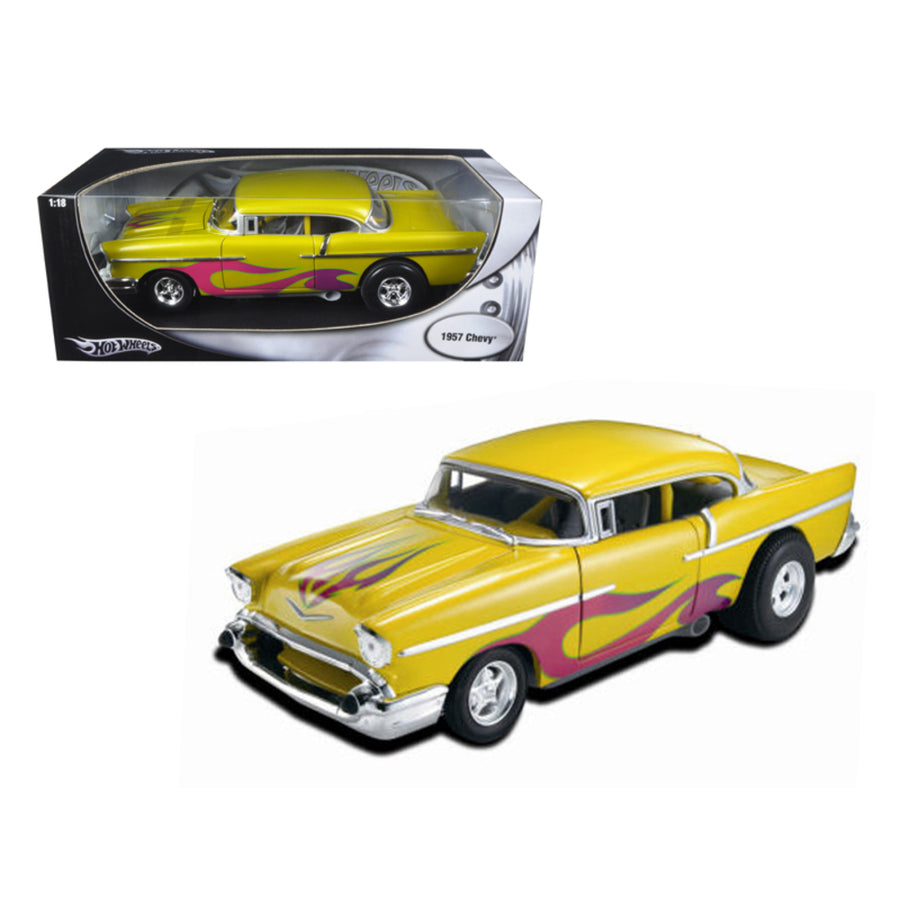 1957 Chevrolet Drag Car Yellow With Flames 1/18 Diecast Car Model By Hotwheels 21356