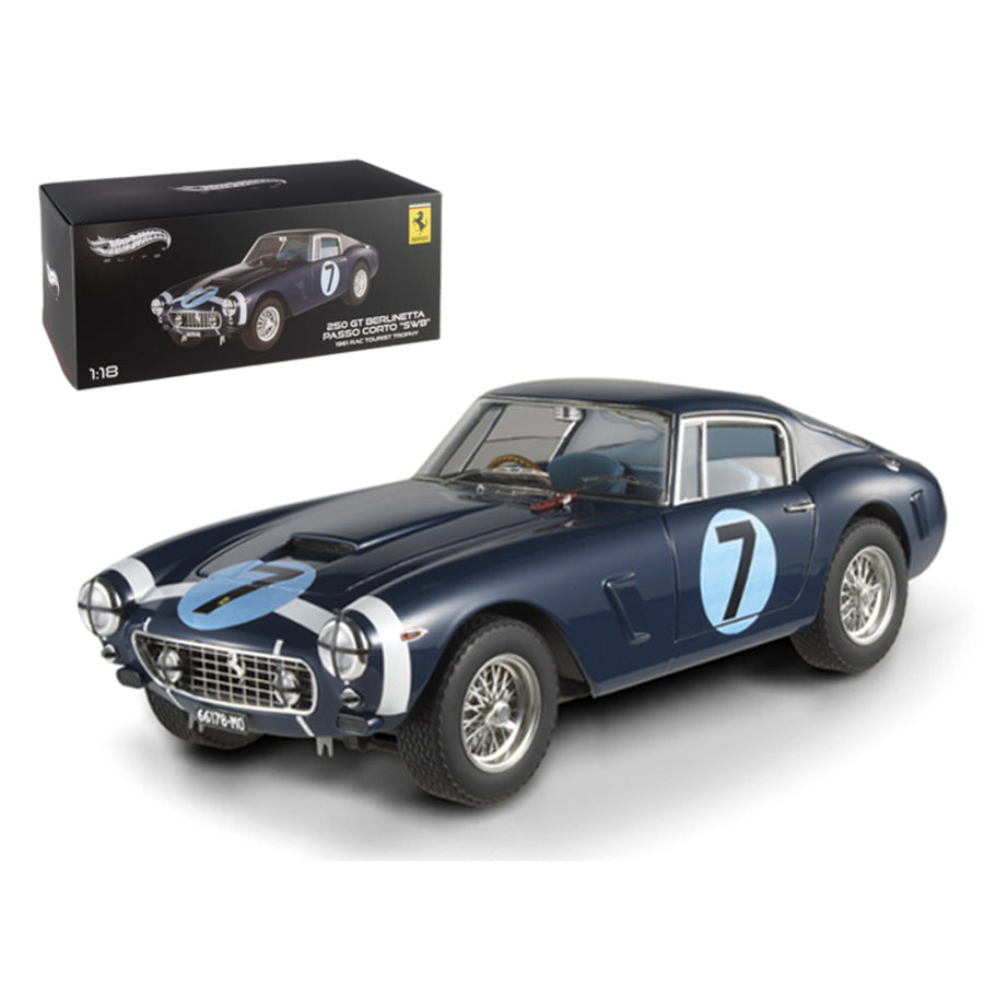 1961 Ferrari 250 Gt Berlinetta Passo Corto Swb Goodwood Tourist Trophy #7 Blue Elite Edition 1/18 Diecast Model Car By Hotwheels X5489