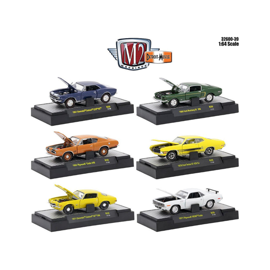 Detroit Muscle 6 Cars Set Release 39 In Display Cases 1/64 Diecast Model Cars By M2 Machines 32600-39