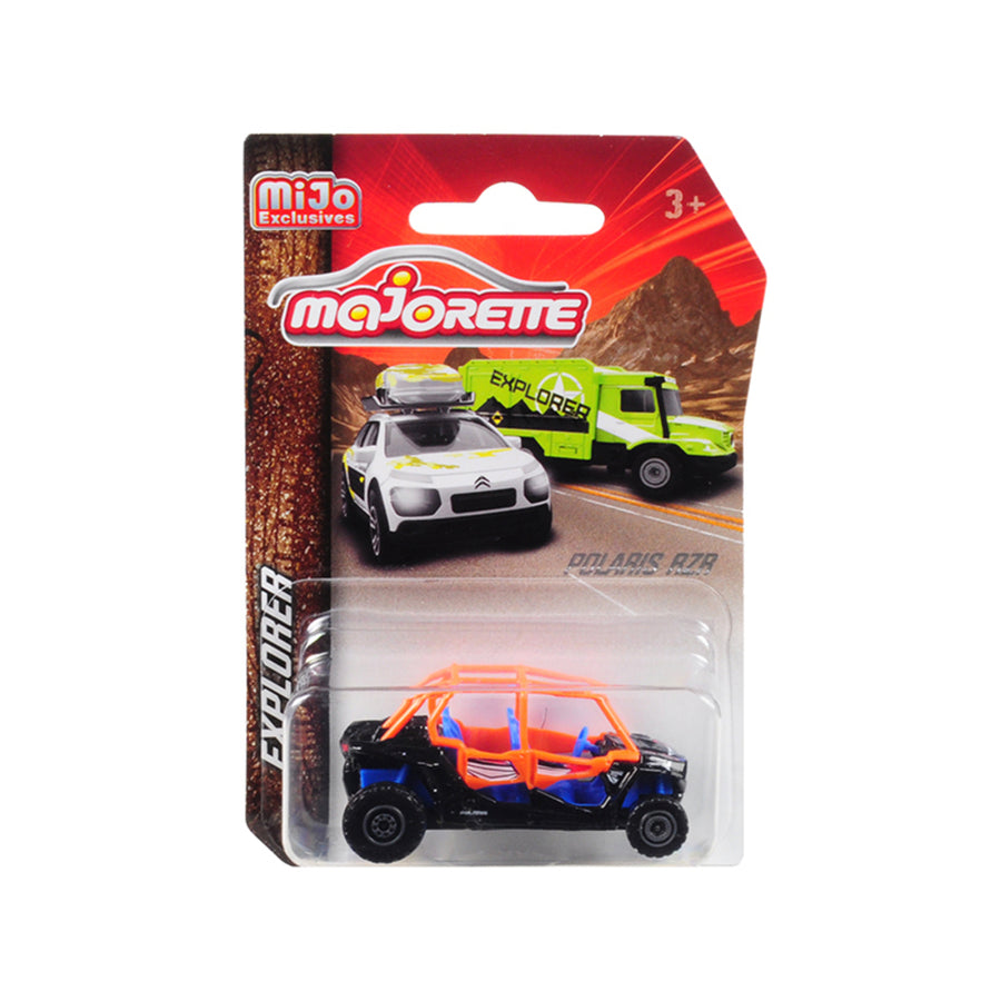 Polaris Rzr Atv Black/orange/blue Explorer 1/61 Diecast Model By Majorette 7601mjt