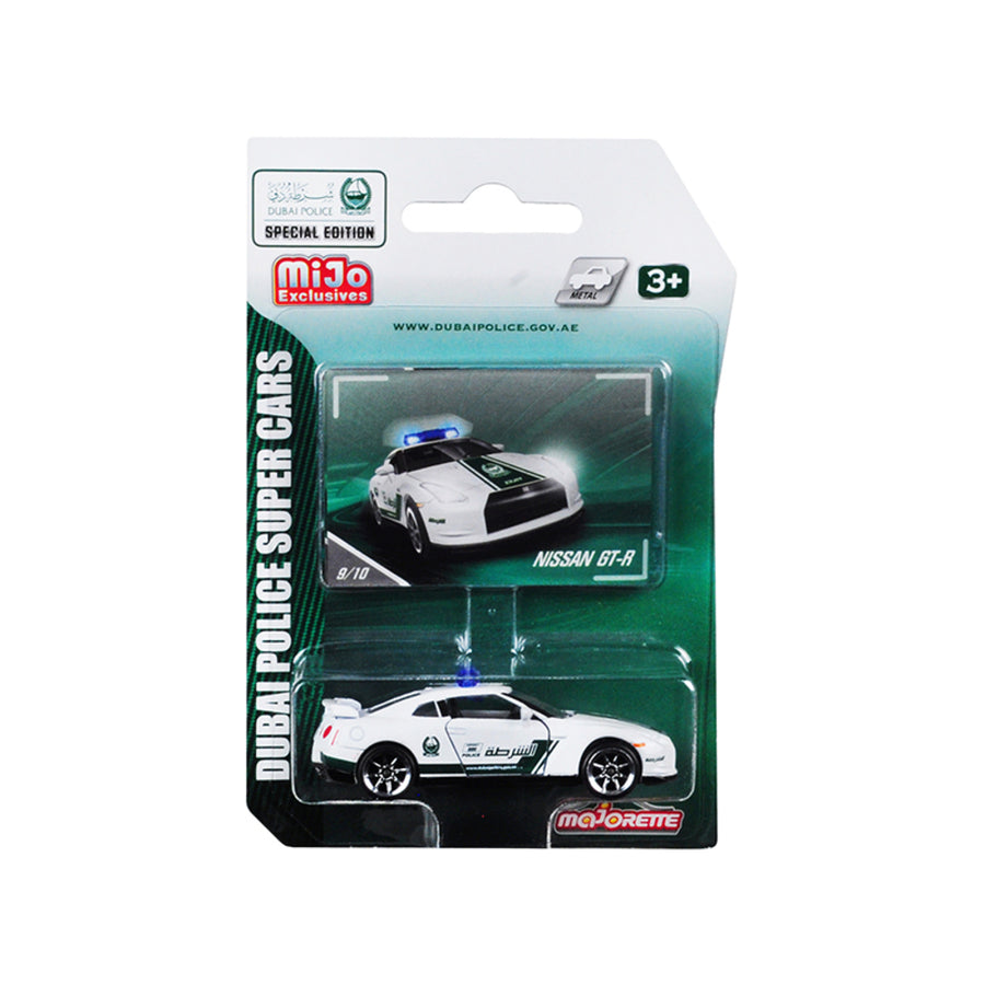 Nissan Gt-r White And Green Special Edition Dubai Police Super Cars 1/61 Diecast Model Car By Majorette 7181mjt