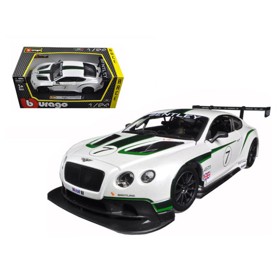 Bentley Continental Gt3 White #7 1/24 Diecast Model Car By Bburago 28008w